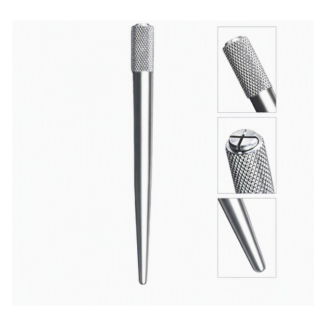 A silver metal precision micro blading tool shown on a light gray background, with three inset close-up views highlighting the textured knurled handle and the pointed tip.