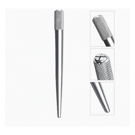 A silver metal precision micro blading tool shown on a light gray background, with three inset close-up views highlighting the textured knurled handle and the pointed tip.