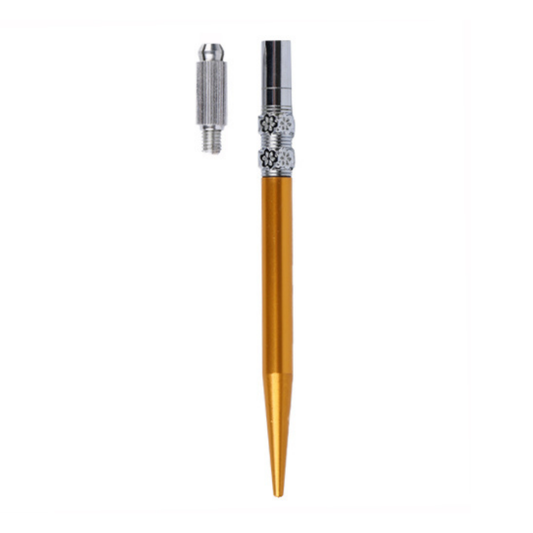 A slim gold micro blading pen tool with a silver textured grip and decorative silver band, isolated on a white background.