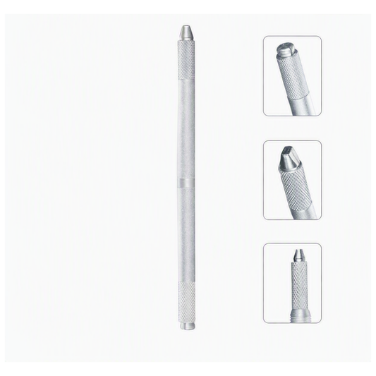 A silver metal micro blading tool shown vertically on a white background, with three inset close-up views on the right showing different tip angles and textured grip details.