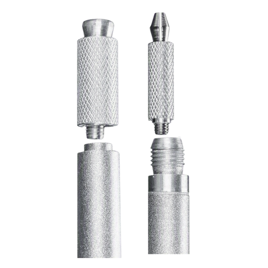 Three silver metal threaded components shown on a plain white background, including knurled adjustment collars and threaded sections.