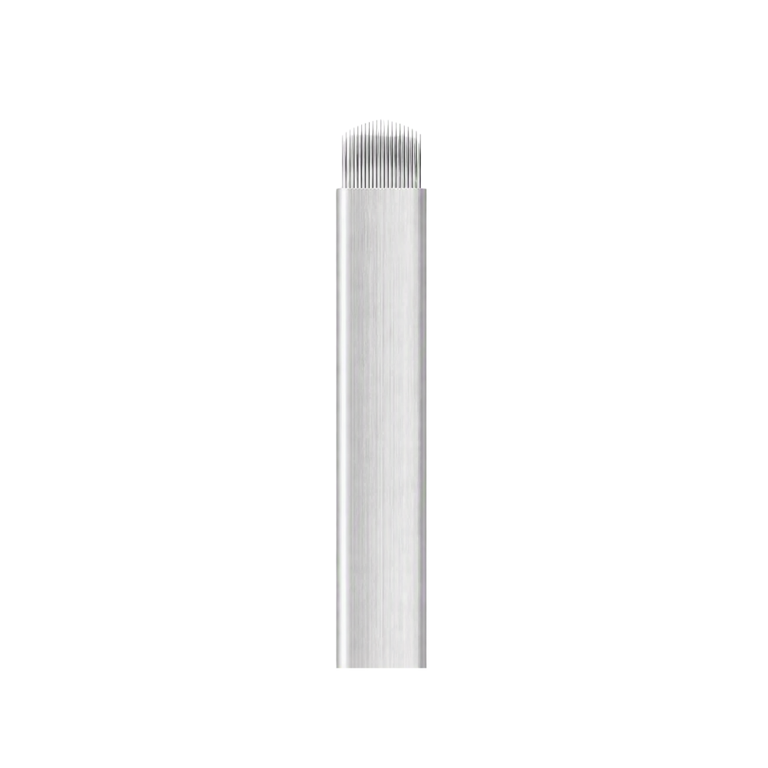 A single silver metal micro blading needle with a brushed finish and fine needle edges, centered on a plain white background.