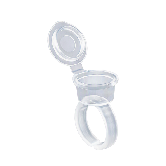 A clear plastic ring-shaped container with a hinged flip-up lid, shown open on a plain white background.