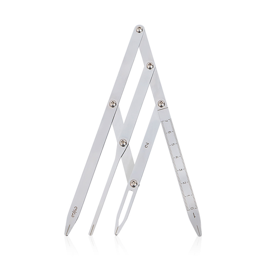 A stainless steel folding divider or caliper tool with engraved measurement markings and screws, shown open on a clean white background.