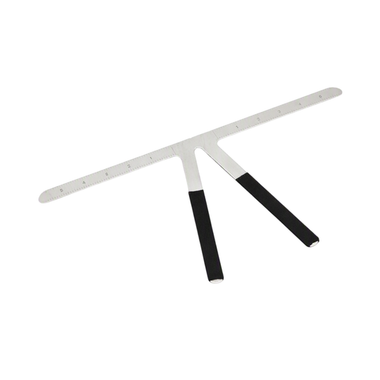 A metal T-shaped measuring tool with black handles and measurement markings on the arms, shown on a plain white background.