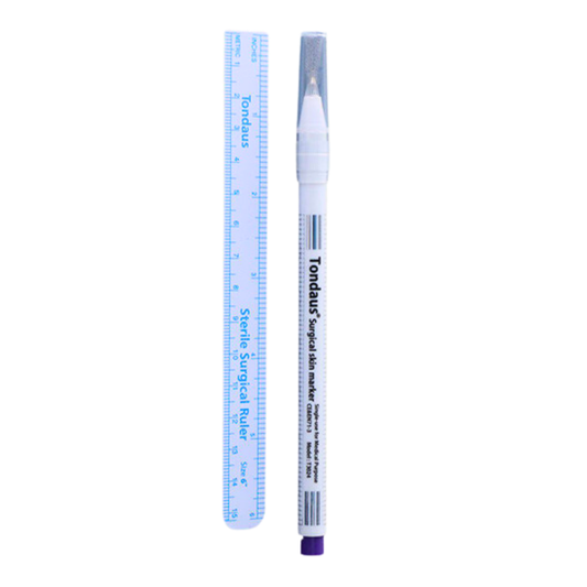 A Tondalus surgical skin marker pen shown next to a clear plastic ruler for scale, on a solid white background.