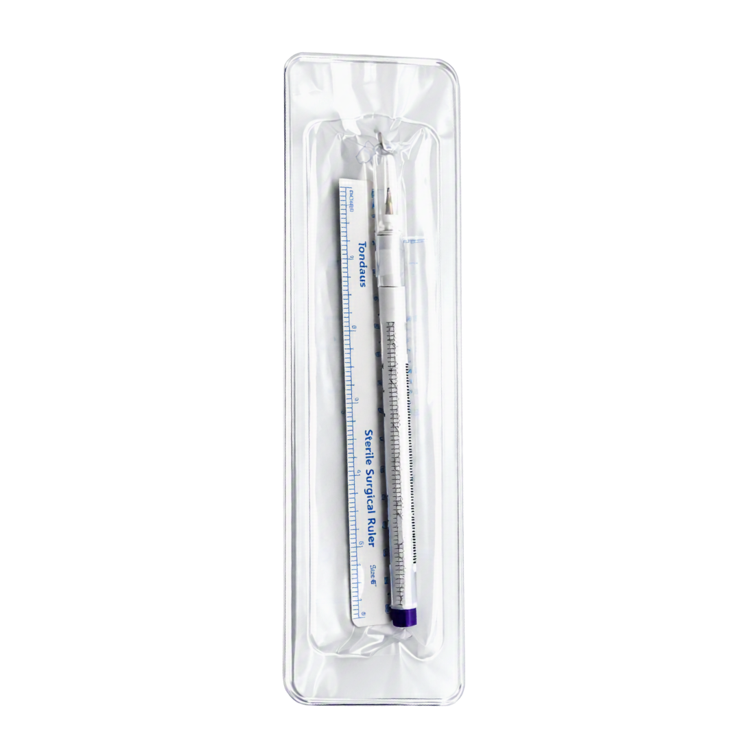 A marker pen and ruler set in a clear plastic clamshell package on a white background.