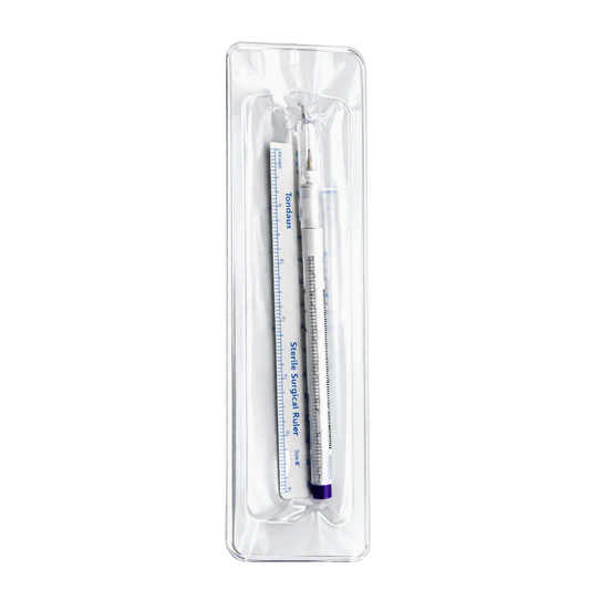 A marker pen and ruler set in a clear plastic clamshell package on a white background.