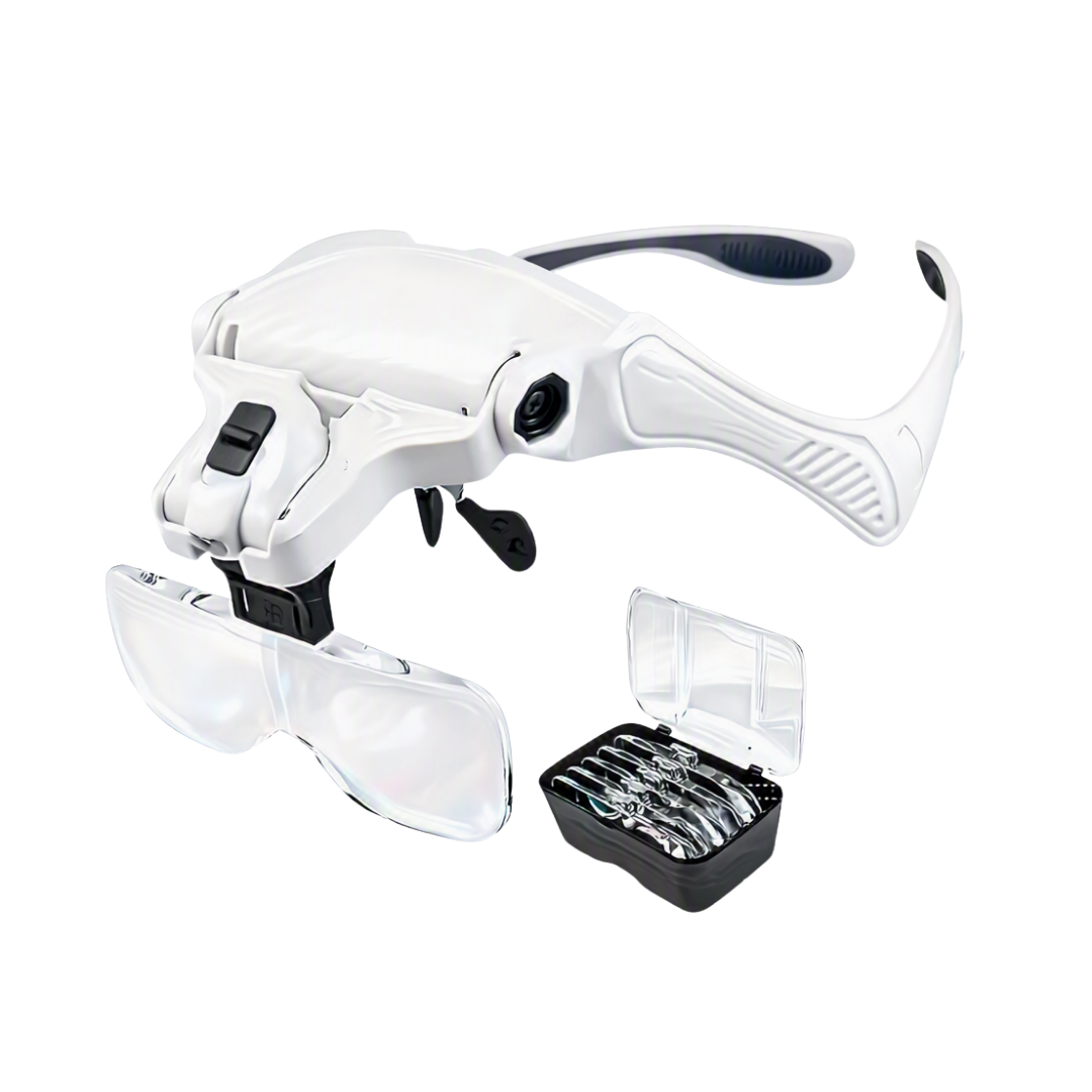 White and black magnifying loupe with attached clear protective eyepieces and a small black storage case containing multiple lens attachments, shown on a plain white background.