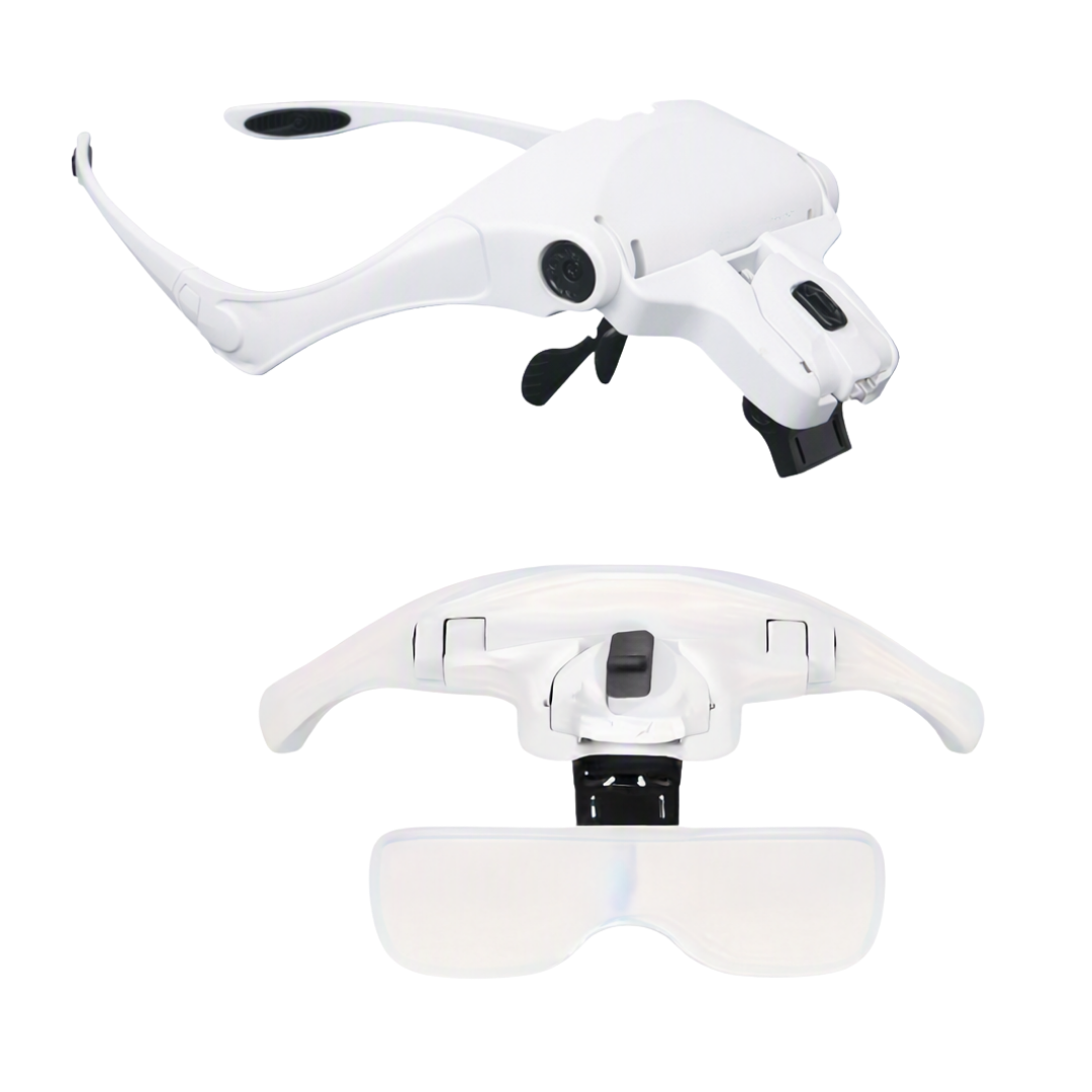White and black magnifying loupe with attached clear protective eye pieces front view and side view with earpieces visible.