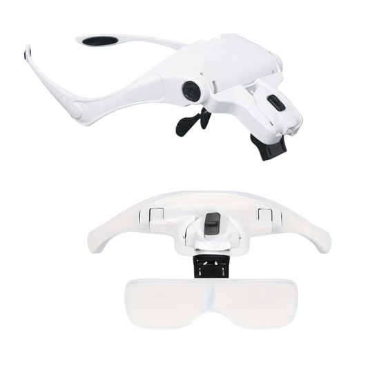 White and black magnifying loupe with attached clear protective eye pieces front view and side view with earpieces visible.