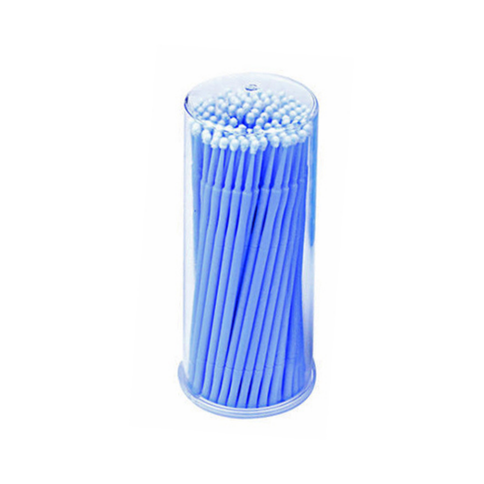 A clear cylindrical plastic container filled with regular blue micro brushes, shown on a plain white background.