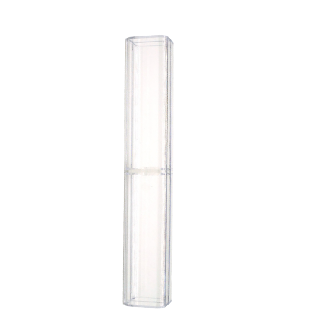 A clear, transparent rectangular plastic protector case for microblading tool standing vertically on a plain white background.
