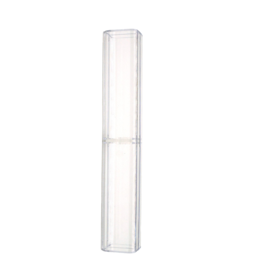 A clear, transparent rectangular plastic protector case for microblading tool standing vertically on a plain white background.