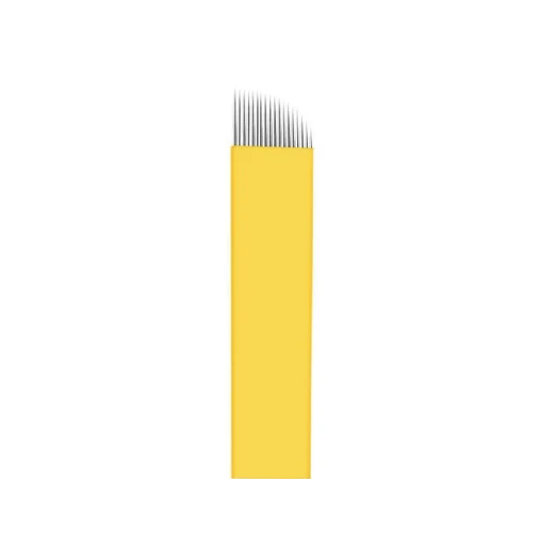 A single yellow rectangular micro blading needle with a row of fine silver prongs or teeth extending from the top, shown on a plain white background.