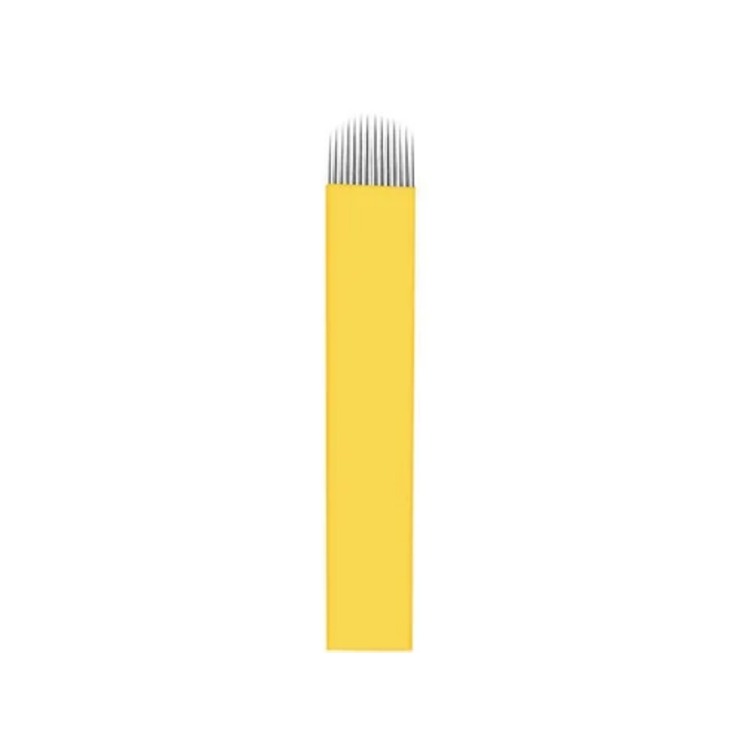 A yellow rectangular micro-blading needle with fine silver metal pins on a plain white background.