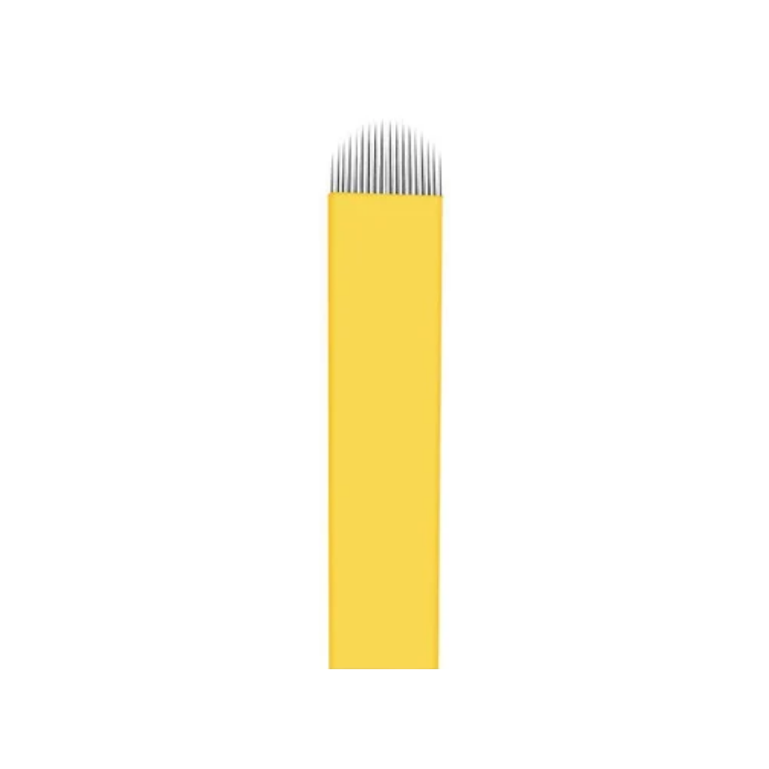 A yellow rectangular micro blading needle with a silver metal comb-like needle head, shown vertically on a plain white background.