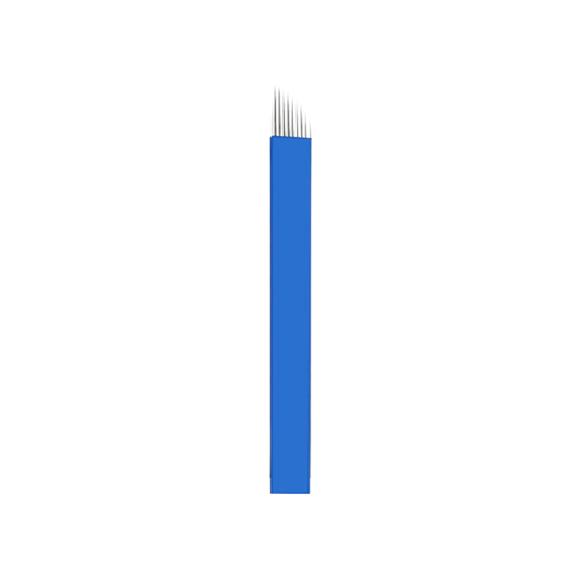 A single blue rectangular micro-blading needle with several thin metallic prongs extending from the top, shown centered on a plain white background.