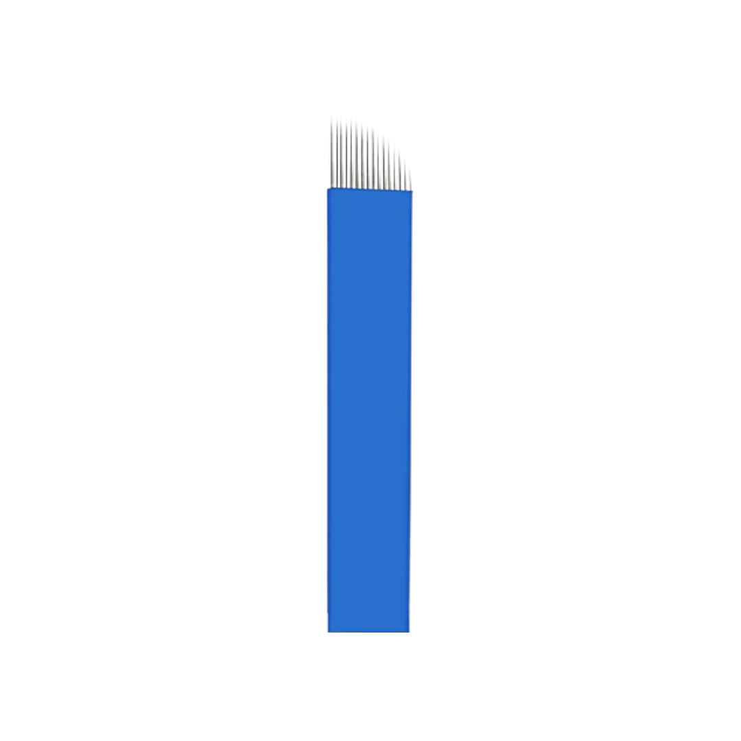 A single blue rectangular micro-blading needle with a row of small silver pointed prongs along the top edge, centered on a plain white background.