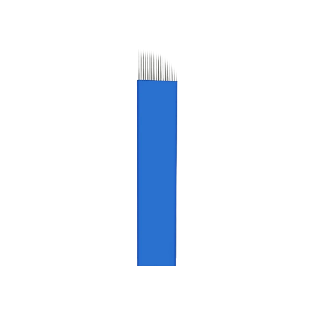 A single blue rectangular micro blading needle with a small cluster of thin silver needles extending from the top, centered on a plain white background.