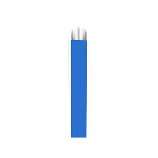 A single flat rectangular micro-blading needle with a blue body and silver pins, centered on a plain white background.