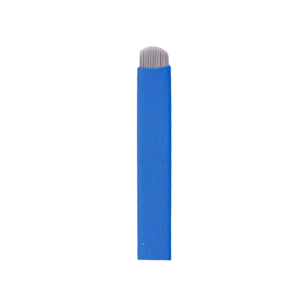 A single blue rectangular micro blading needle with a silver metal sharpened corner, shown vertically on a plain white background.