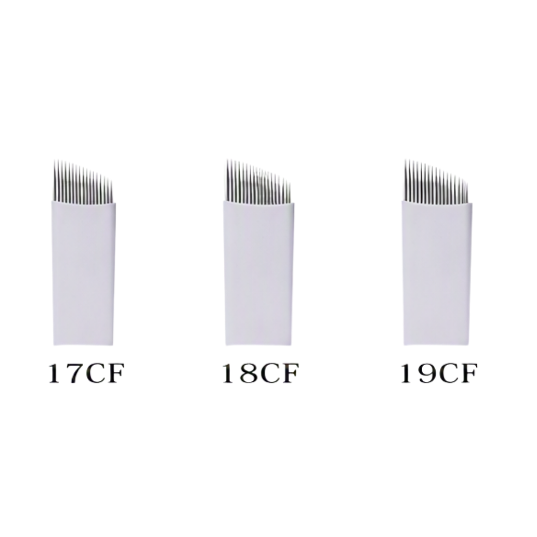 Three white rectangular micro-blading needles labeled 17CF, 18CF, and 19CF on a plain white background.