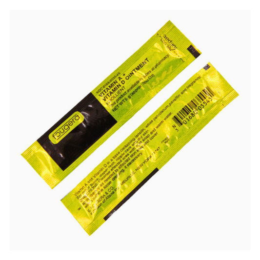Two blister packs of Vitamin B5 and D Ointment for post microblading shown on a plain white background, displaying both the front label and the back barcode side.