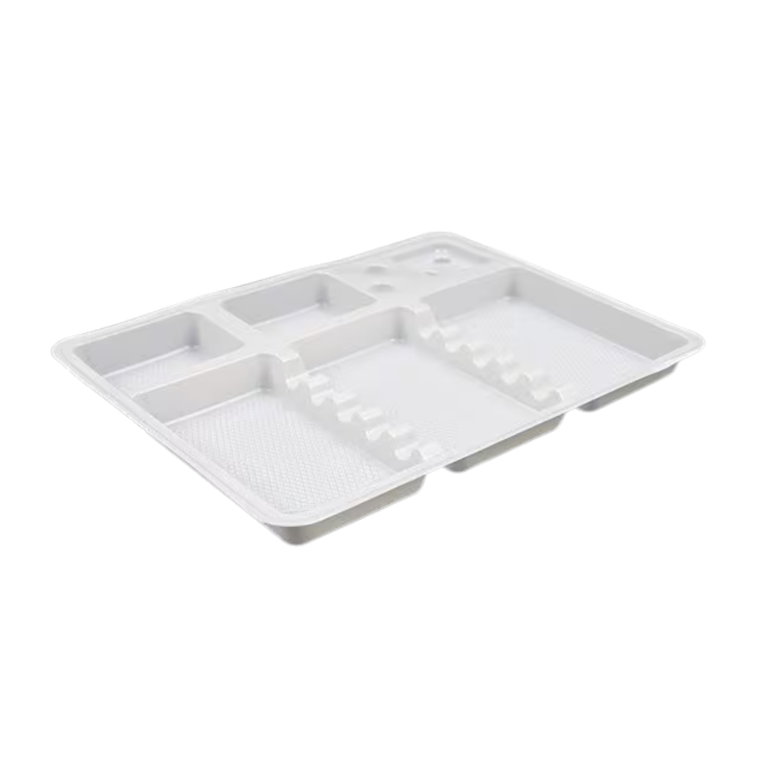 A white compartment plastic tray with multiple sections and textured ridges, shown on a plain white background.