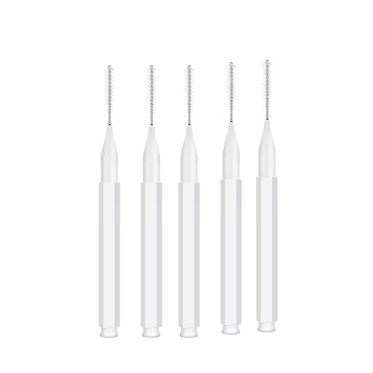 Five white mini eyebrow brush applicator tools with fine bristle tips, arranged upright on a plain white background.