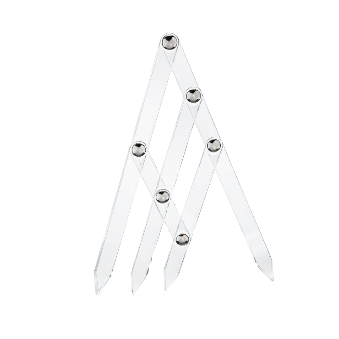 A clear acrylic caliper with six silver metal ball joints, shown on a solid white background.