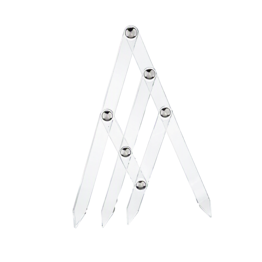 A clear acrylic caliper with six silver metal ball joints, shown on a solid white background.