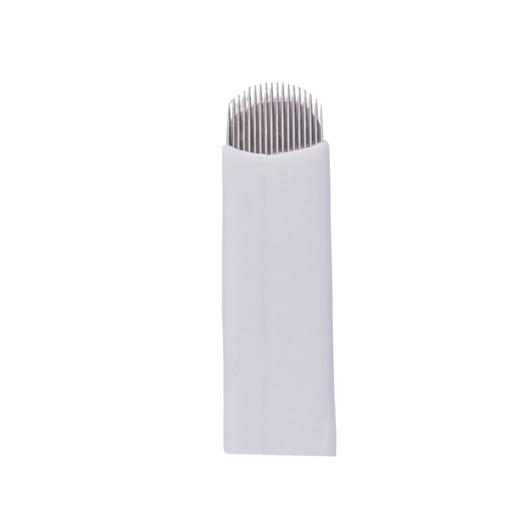 A white rectangular micro-blading needle with a plastic sleeve with a slotted, comb-like top edge, shown upright on a plain white background.