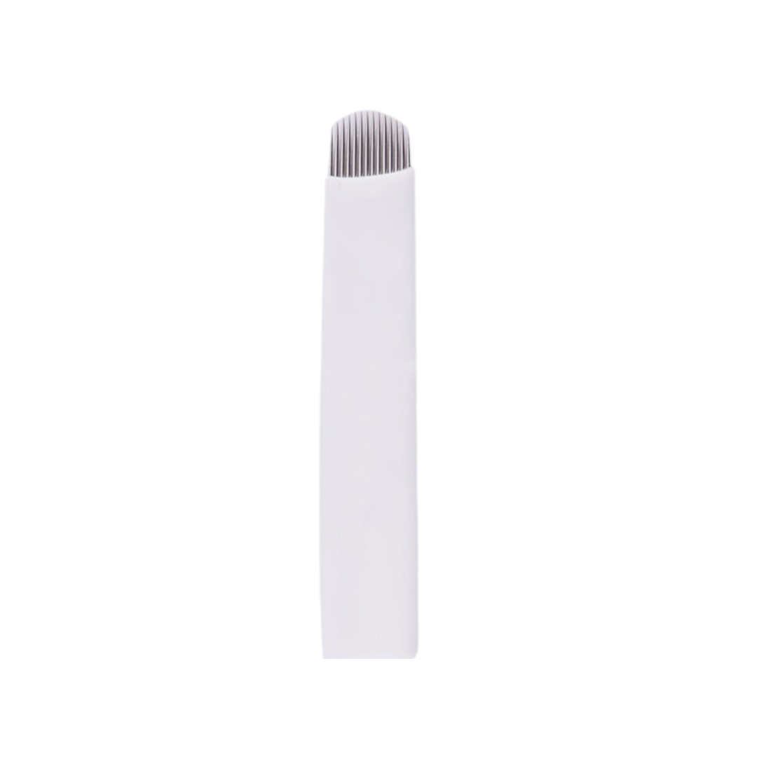 A white micro blading needle with a textured gray needle tip, shown vertically on a plain white background.