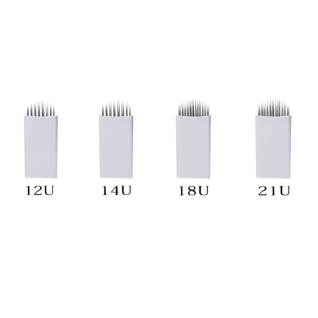 Four white rectangular micro blading needles labeled 12U, 14U, 18U, and 21U, arranged horizontally on a plain white background.