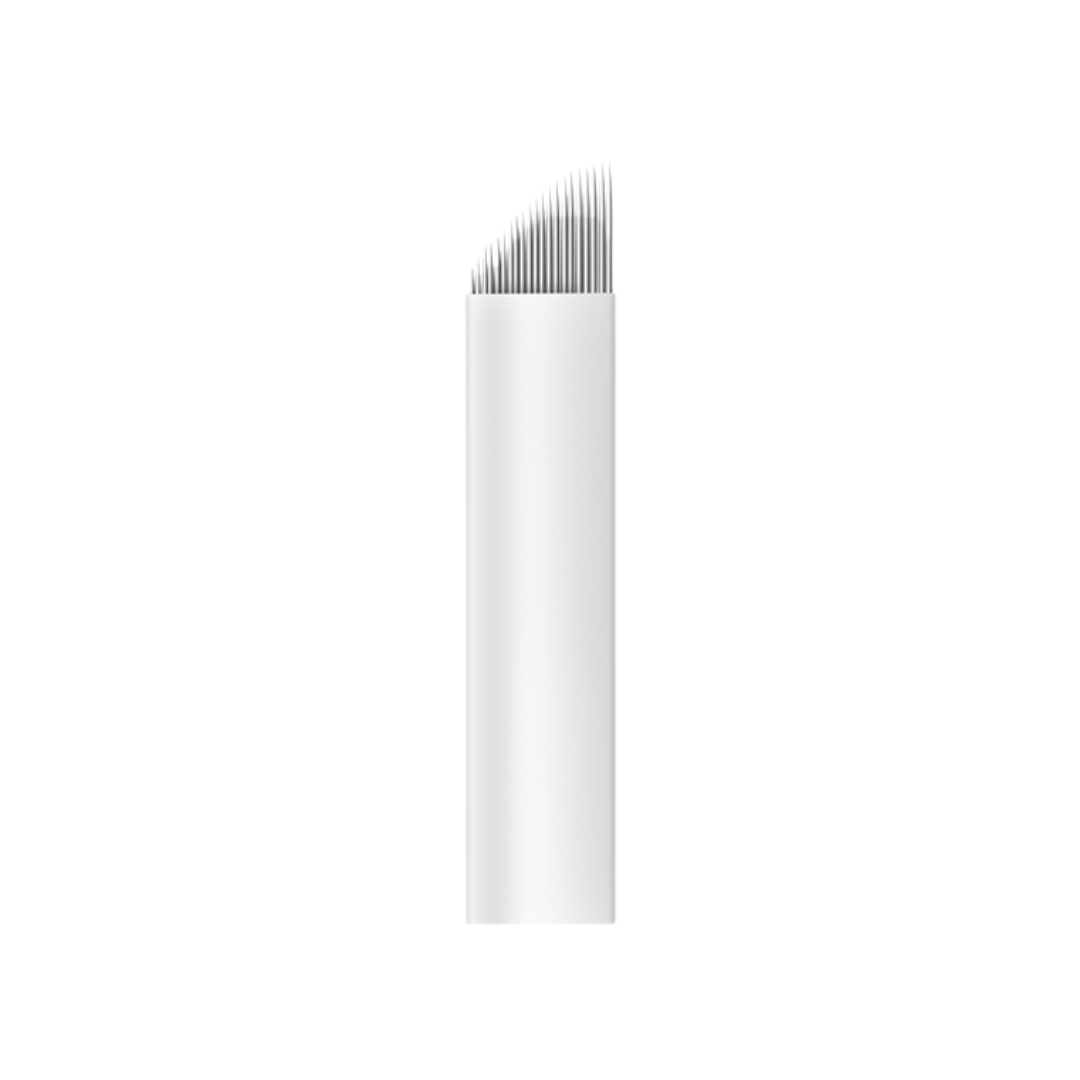A single white cylindrical micro blading needle with a fan of fine needles extending from the top, centered on a plain white background.