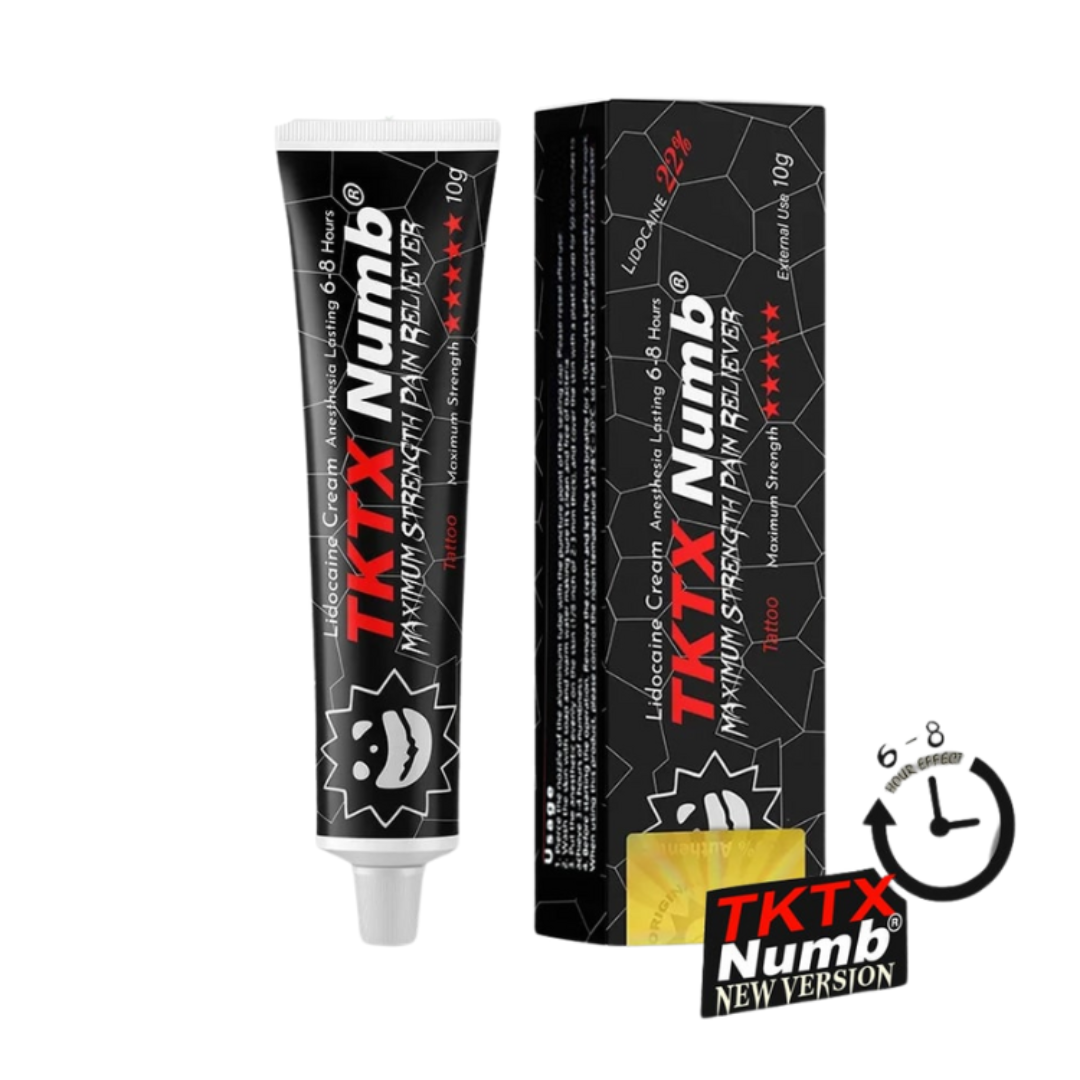 A tube and box of TKTX Numb Maximum Strength Pain Reliever lip balm shown on a plain white background, with a small clock graphic and '6-8 hours' text near the bottom right.