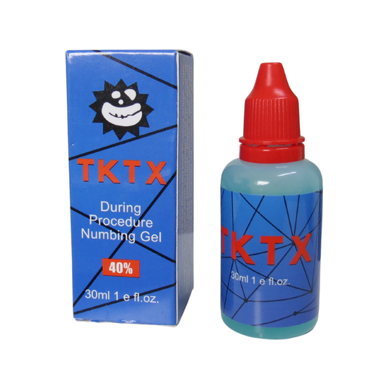 A bottle of TKTX During Procedure Numbing Gel with a red cap next to its blue packaging box, featuring a black starburst logo and orange brand text.