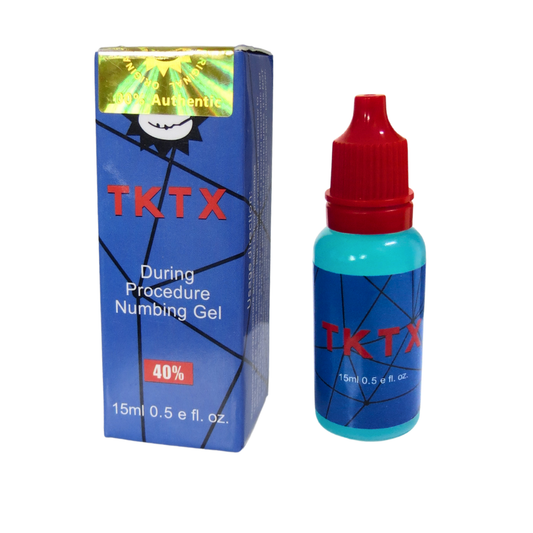 A bottle of TKTX During Procedure Numbing Gel with a red cap next to its blue packaging box on a white background.