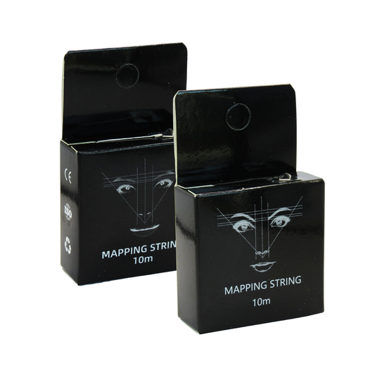 Two black retail boxes of mapping string, each showing a white line drawing of a face and the text 'MAPPING STRING 10m' on a plain white background.