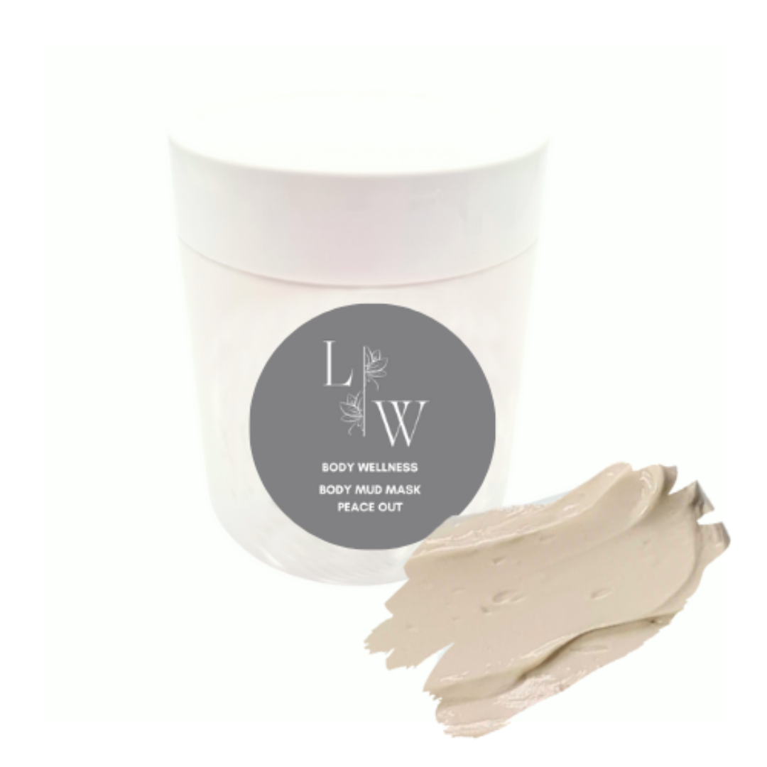 N  A container of body mud mask with a white label showing the brand logo and the words 'BODY WELLNESS BODY MUD MASK PEACE OUT'. Next to the container, there is a small amount of the beige mask spread out on a white surface.
