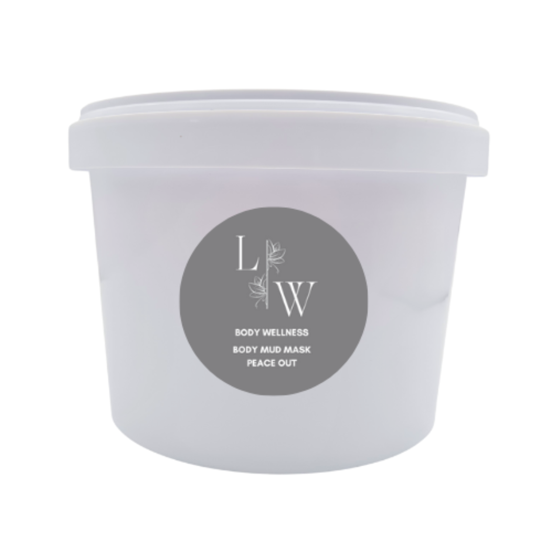 NO  A container of body mud mask with a white label showing the brand logo and the words 'BODY WELLNESS BODY MUD MASK PEACE OUT'. Next to the container, there is a small amount of the beige mask spread out on a white surface.