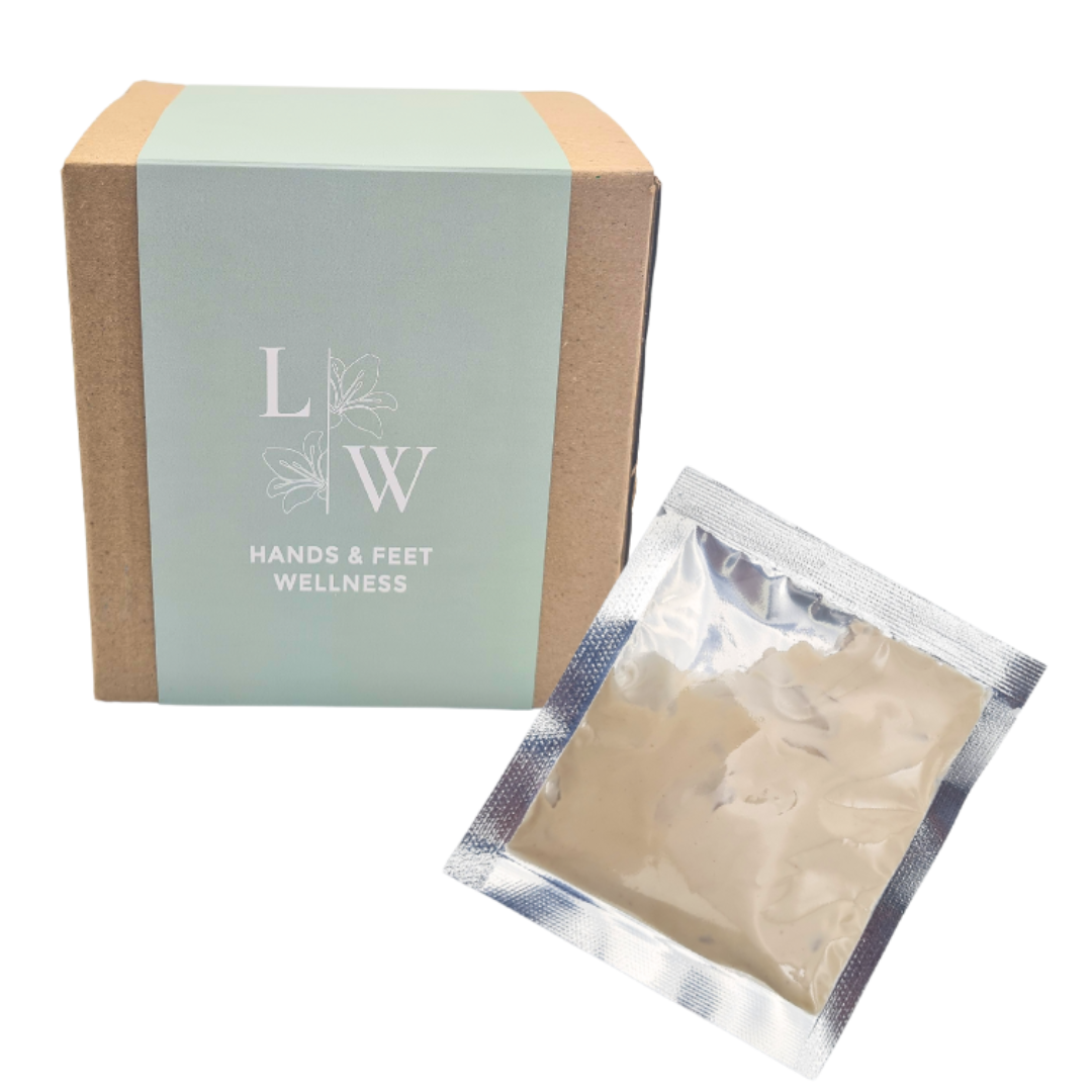 A boxed hands and feet wellness product with a pale blue front panel and kraft paper sides, shown next to a small silver foil packet containing a beige foot and hand cream mask, on a white background.