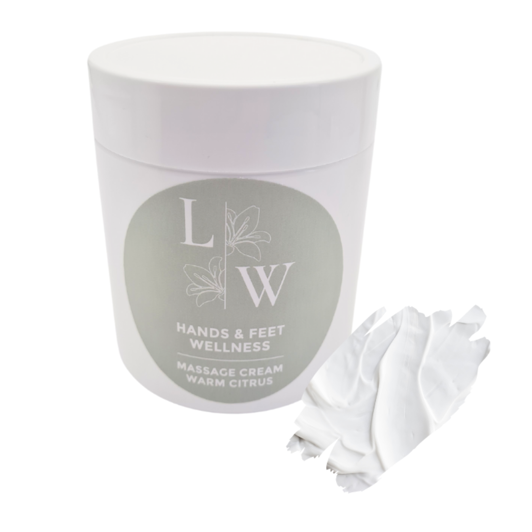 A white plastic jar of LW Hands & Feet Wellness Massage Cream Warm Citrus next to a product swatch on a white background.