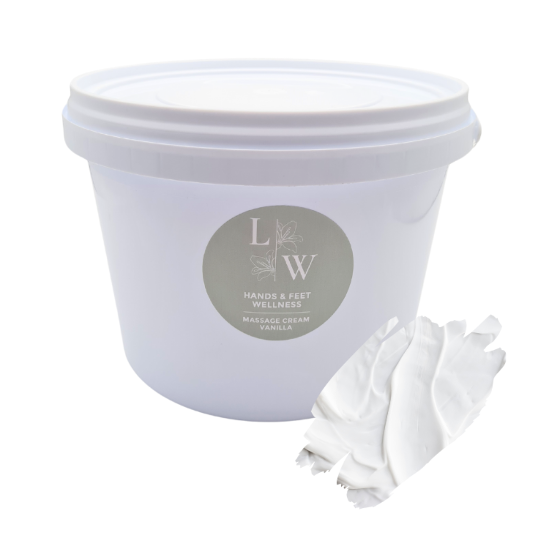 A white plastic tub of LW Hands & Feet Wellness Massage Cream Vanilla, shown with a white products swatch in front on a clean white background.