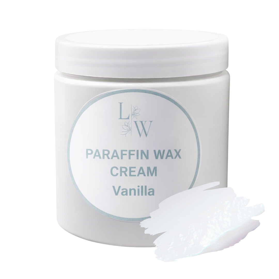 A white plastic jar of LW Paraffin Wax Cream in Vanilla, shown on a white background with a small white wax smear in the foreground.