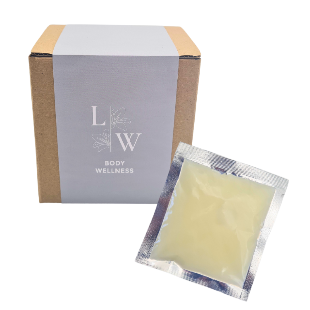 A kraft paper box with a gray wrap label reading 'LW BODY WELLNESS' sits behind a small silver foil packet containing a pale yellow detox slimming massage balm, photographed on a white background.
