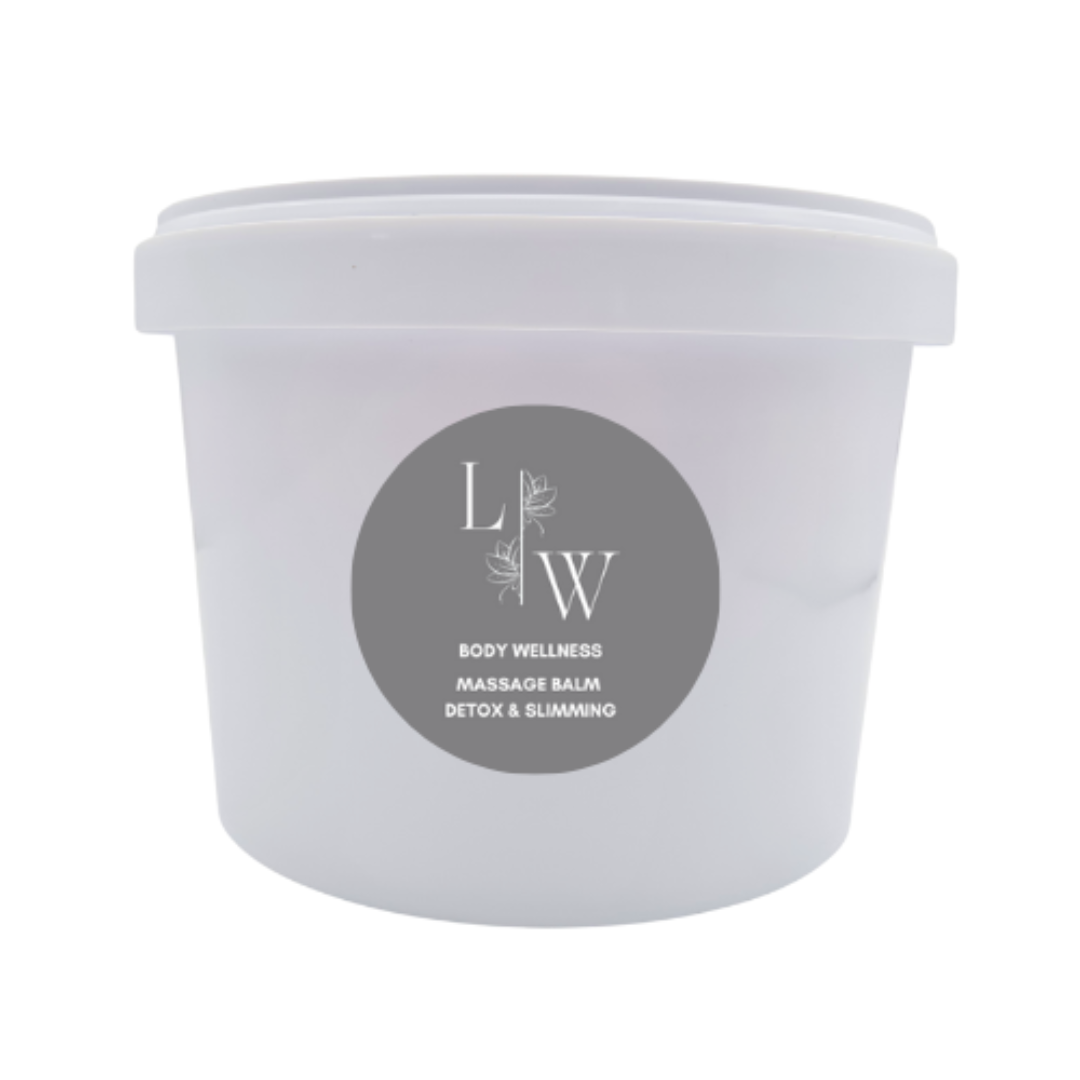 A white plastic tub of LW Body Wellness Massage Balm with a gray circular label on the front, set against a plain white background.