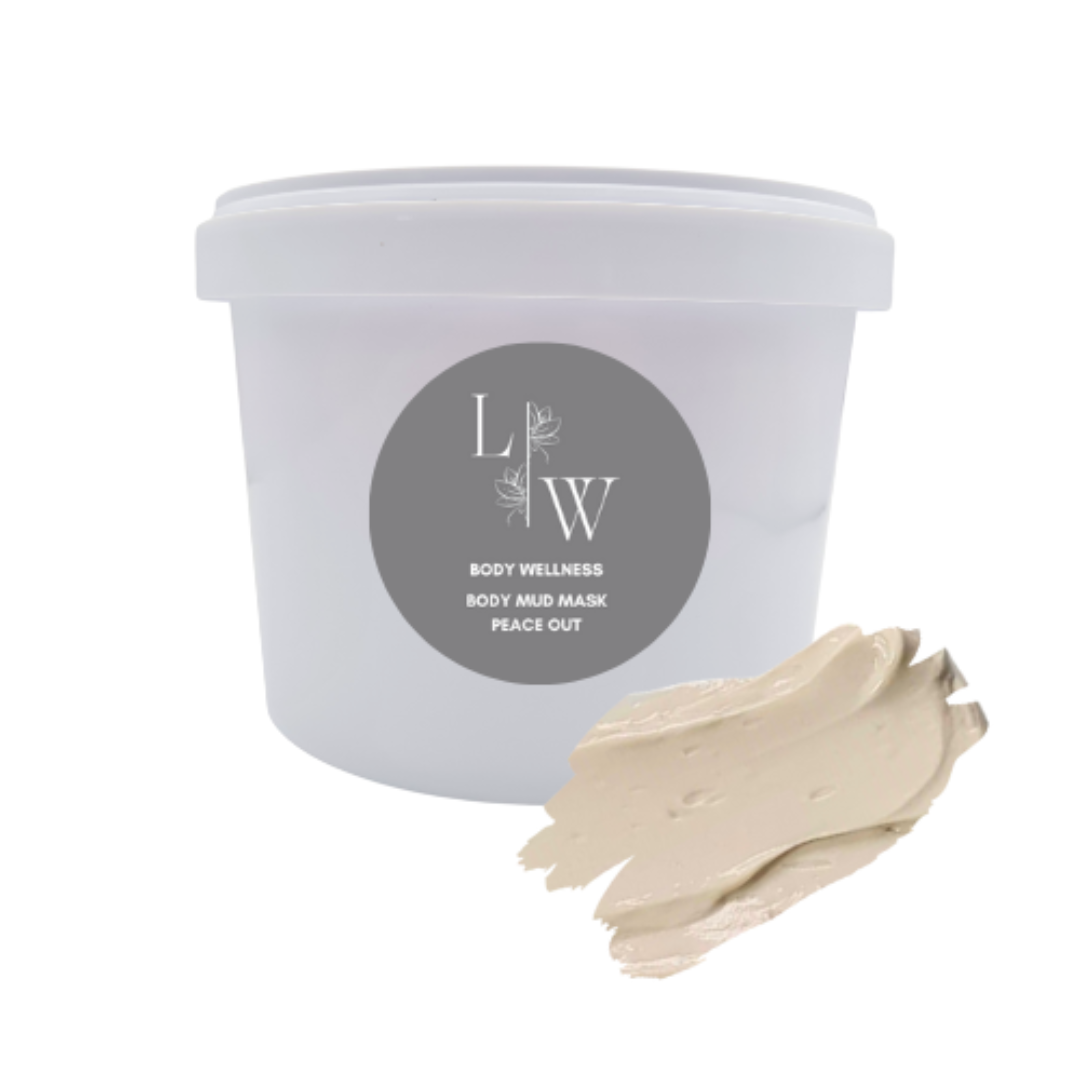 N  A container of body mud mask with a white label showing the brand logo and the words 'BODY WELLNESS BODY MUD MASK PEACE OUT'. Next to the container, there is a small amount of the beige mask spread out on a white surface.