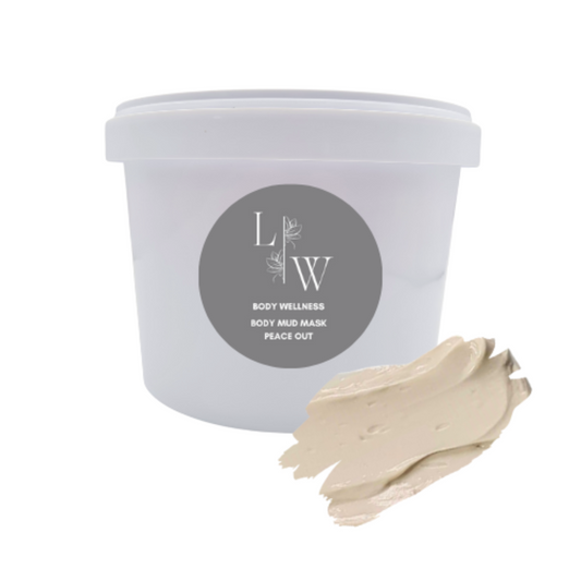 N  A container of body mud mask with a white label showing the brand logo and the words 'BODY WELLNESS BODY MUD MASK PEACE OUT'. Next to the container, there is a small amount of the beige mask spread out on a white surface.